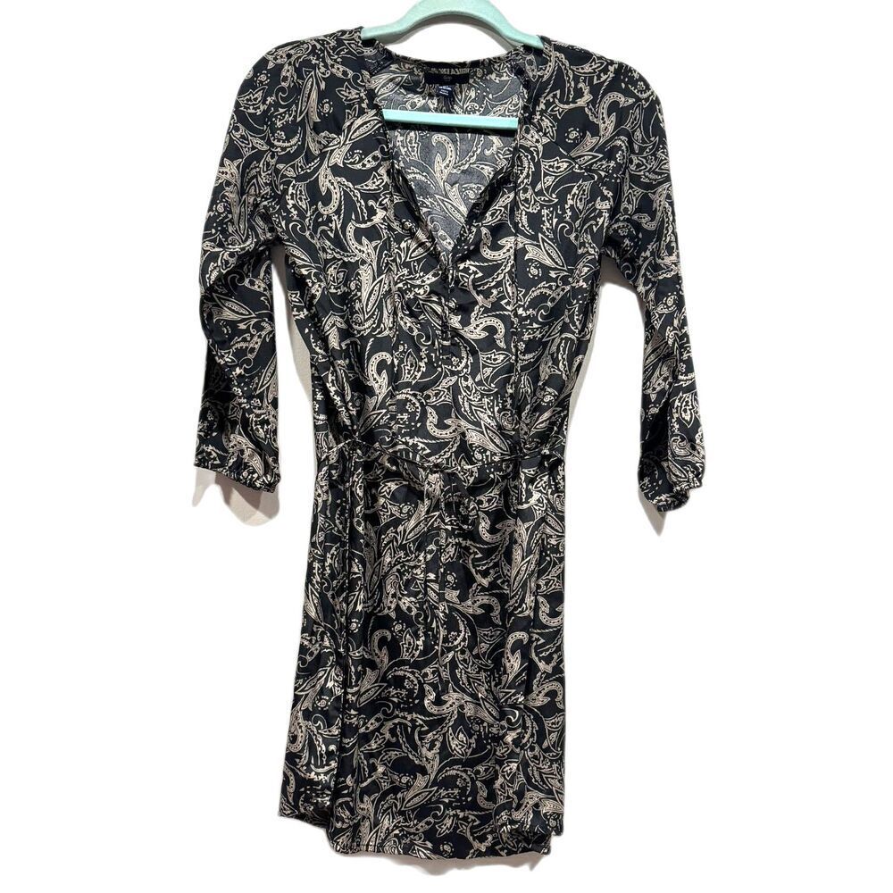 Gap Dress Women Small Black Beige Print Paisley Floral Long Sleeve Shift Dress